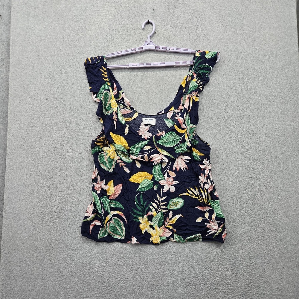 Old Navy Women Tank 2XL Navy Floral Tropical Ruffles Sleeveless Pullover Casual